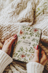beautiful female hands holding a vintage floral diary book