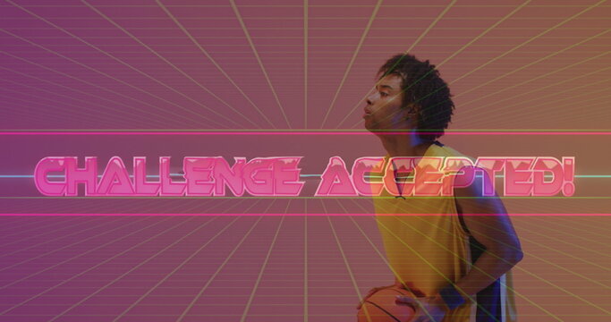 Image of challenge accepted text over neon pattern and biracial basketball player