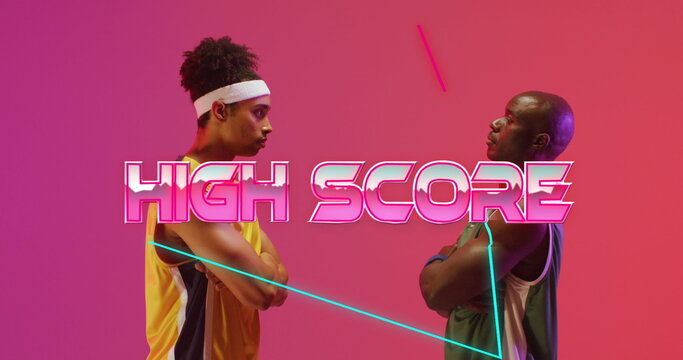 Image of high score text over neon pattern and diverse basketball players - Powered by Adobe