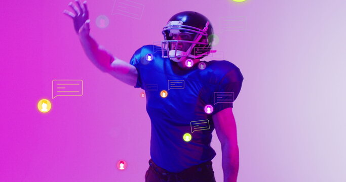Image of icons and data processing over caucasian american football player
