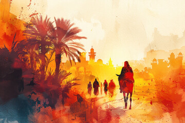 Yellow watercolor of Jesus riding a donkey to Jerusalem, palm sunday