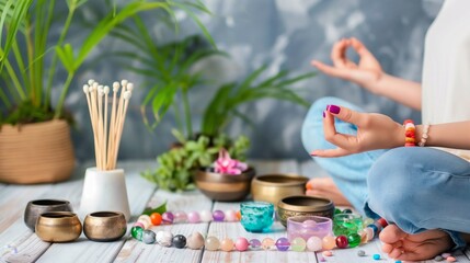 Obraz na płótnie Canvas Meditation and Healing Crystals Setup with Tibetan Singing Bowls