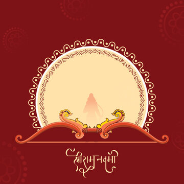 Shri Ram Navami (Birthday of Lord Rama) Greeting Card with Silhouette of Lord Rama, Archery Bow and Circular Frame on Red Background.