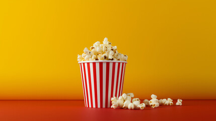 Popcorn view in red cup above yellow background ..