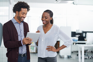 Collaboration, smile and tablet with business people in office together for project management. Research, teamwork or technology with young black man and woman employee in workplace for discussion - obrazy, fototapety, plakaty