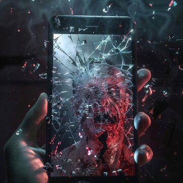 A distorted reflection of a zombie in the cracked screen of a smartphone
