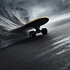 Close-up of a surf skate on charcoal-textured asphalt detail in motion