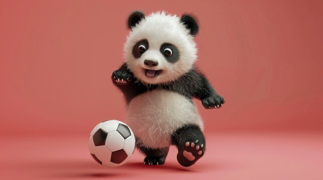 Baby panda bear showing off fancy footwork while playing soccer 3D render
