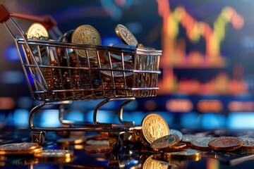 Intricately detailed shopping cart overflowing with euro coins and a rising sparkline chart in the background 3D - obrazy, fototapety, plakaty