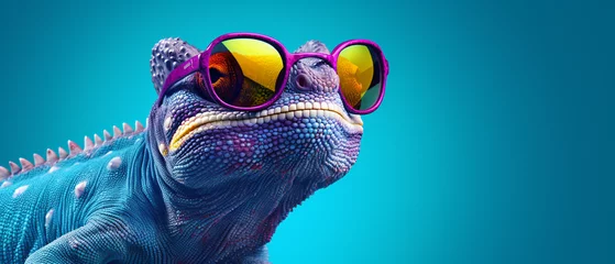Foto op Canvas Portrait of smilling chameleon with sunglasses on blue © levit