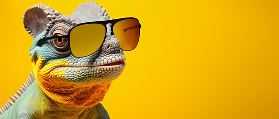 Portrait of smilling chameleon with sunglasses on yell
