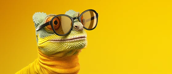 Fotobehang Portrait of smilling chameleon with sunglasses on yell © levit
