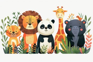 Zoo, panda, giraffe, hippo, squirrel, lion, decorative illustration, flat style, vector style,