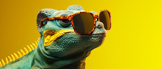 Portrait of smilling chameleon with sunglasses on yell - obrazy, fototapety, plakaty