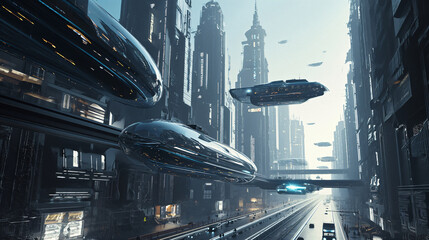 A futuristic vehicle hovers over Cybercity.
