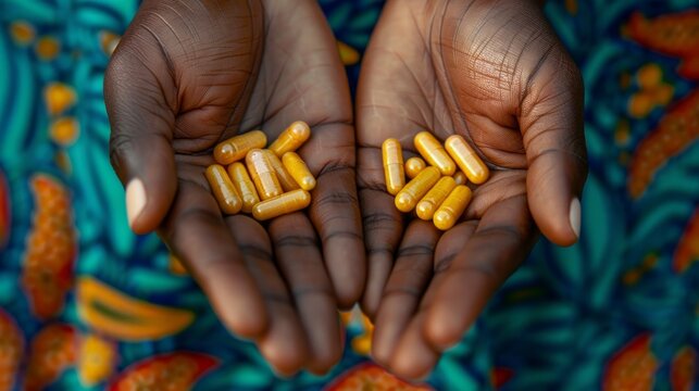 This image shows a pair of hands holding yellow capsules, with the background showcasing beautiful African print fabric