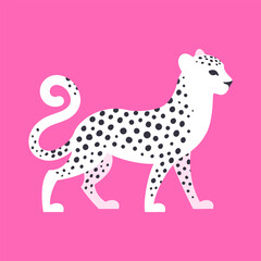 Beautiful white spotted leopard on a bright pink background. Graphic flat vector illustration of a wild feline animal.