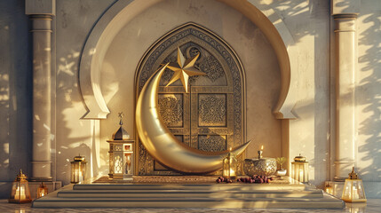 golden moon and star with mosque 