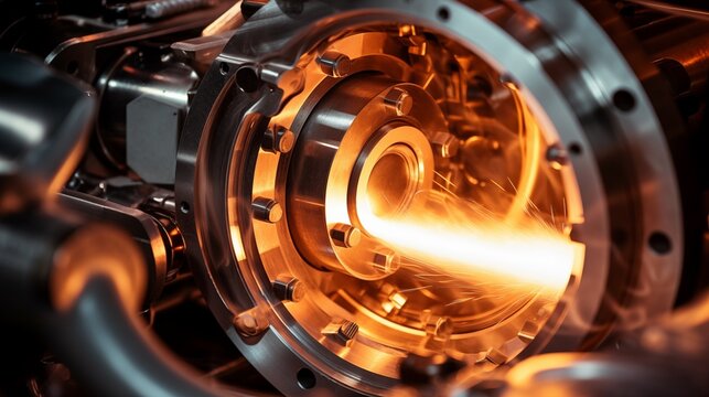 Close-up view of the combustion chamber during engine operation, capturing the fiery process and intricate mechanics of combustion in action.
