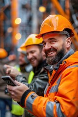 Smiling construction workers looking at a smartphones or a tablet at a construction site. workers looking at the computer camera talking to other coworkers remotely - obrazy, fototapety, plakaty