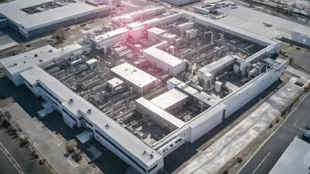 A cinematic aerial view of a state-of-the-art semiconductor fabrication facility.