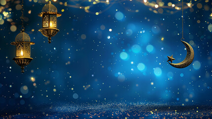 Fototapeta premium Hanging traditional lanterns glowing at night against a deep blue starry sky with a crescent moon symbol for an Islamic holiday marketing banner or website header.