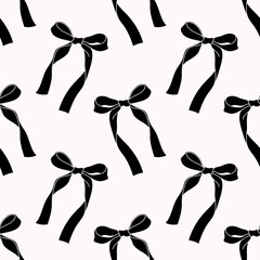 Cute coquette pattern seamless black ribbon bow. Cute feminine romantic background for textile, fabric, wallpaper, wrapping. - obrazy, fototapety, plakaty