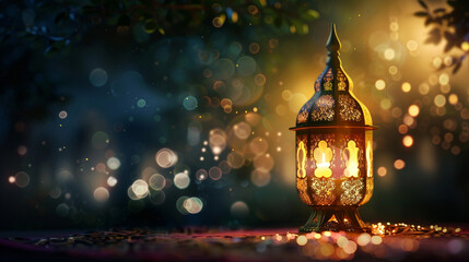 Festive greeting card, invitation for Muslim holiday .Vintage Moroccan lantern with glowing candle