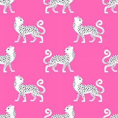 Modern seamless pattern with white spotted leopards on a pink background for textile, fabric, wallpaper, wrapping.