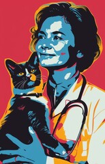 Colorful Pop Art Portrait of a Veterinarian with a Black Cat