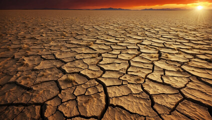 An image of a dry, cracked desert floor with a red sky and sun in the background.