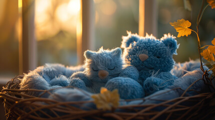 Plush toys nestle, inviting peaceful slumber in a cozy nest.