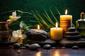 Relaxing spa concept with candles, aromatherapy oils, and massage accessories