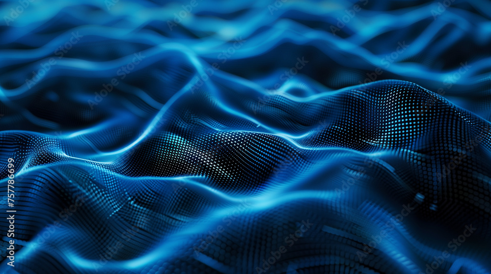 Poster abstract blue wave background with glowing dots and lines. digital technology concept, artificial in