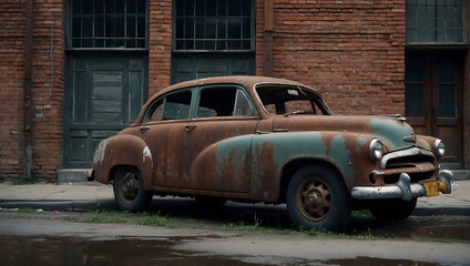 old corroded car left on street with brick buildings