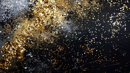 Fototapeta na wymiar Abstract gold background. Gold glitter texture on black background. Golden explosion of confetti for celebration or festival copy space 