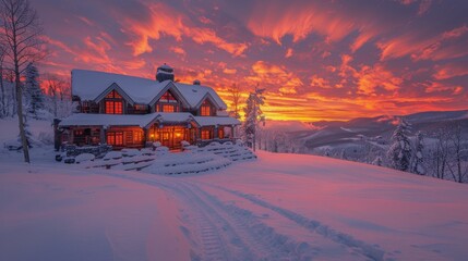 Snowy Hill House at Sunset
