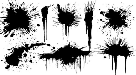 Ink splashes. Black inked splatter dirt stain splattered spray splash with drops blots isolated. Ink splashes stencil.  - obrazy, fototapety, plakaty