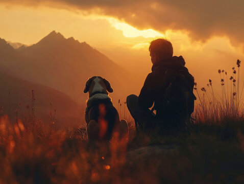 AI generated image of male hiker and his dog watching bright orange sunset. Scenic embrace: Owner and faithful dog silhouette against mountain backdrop, radiating love