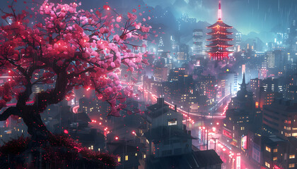 A vibrant and futuristic Japanese cityscape at night, featuring neon lights, residential skyscrapers, and a pink cherry sakura tree.