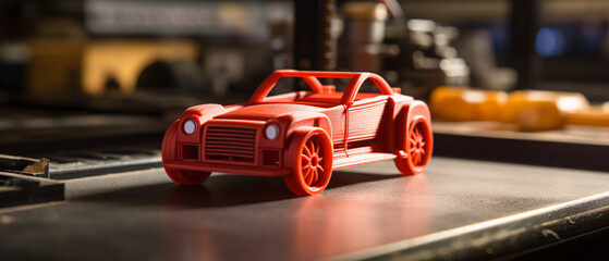 Red toy car being printed by 3D printer with filament