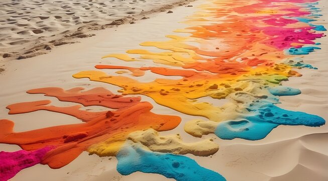 watercolor painting on the beach, A vibrant explosion of sun lotion, spilling onto a sandy beach, creating a colorful and unique pattern that begs to be captured in an image.