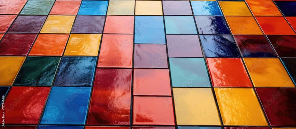 Canvas Prints A rectangular stained glass window in shades of purple, magenta, violet, and electric blue with a unique pattern, providing a colorful flooring material property