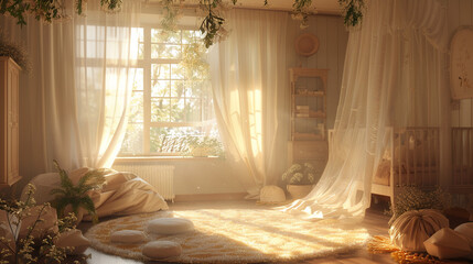Whispers dance, billowing curtains in an ethereal nursery sanctuary.