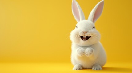 Obraz premium cute animal pet rabbit or bunny white color smiling and laughing isolated with copy space for easter background, rabbit, animal, pet, cute, fur, ear, mammal, background, celebration, generate by AI