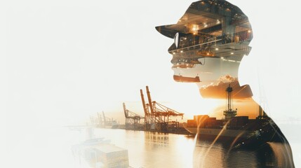 Double exposure photography of engineer man and the business Logistics and transportation of Container Cargo ship and Cargo plane with working crane bridge