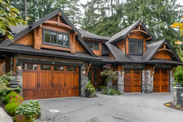Foto op Canvas Stunning craftsman style home with a three car garage, elegant wooden doors, surrounded by vibrant spring landscaping. © NE97
