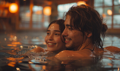 Beautiful young couple swimming and relaxing in a Japanese hot spring spa hotel