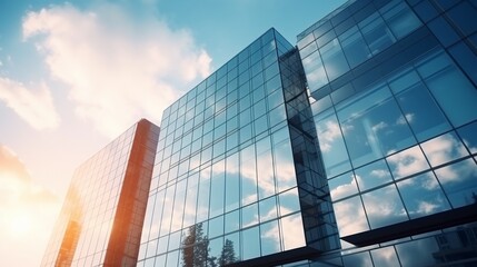 Obraz premium Nowoczesny biurowiec lub centrum biznesowe. Wieżowce ze szklanych okien odbijają chmury i światło słoneczne. Pusta ulica za murem, nowoczesność, cywilizacja. Rozwijający się biznes.