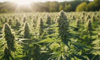 Marijuana plant at outdoor cannabis farm field - obrazy, fototapety, plakaty